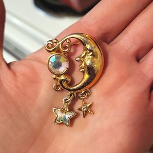 Vintage 98 KIRKS FOLLY Moon and Stars Brooch Pin One Dangling Charm Missing